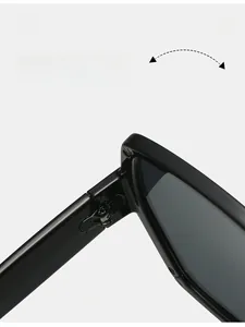 Detailed close-up of a durable metal hinge on minimalist black geometric sunglasses
