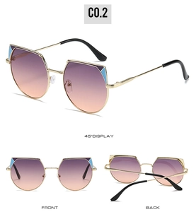 Three-view detail of geometric cat-eye sunglasses with gradient lenses and blue metal accents