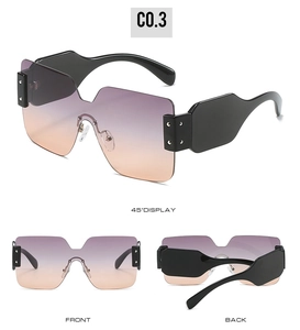 Détails de lunettes carrées sans monture avec verres dégradés violet-orange et clous