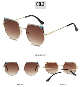 Three-angle views of gold metal irregular sunglasses with blue geometric accents