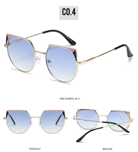 Three-angle product display of cat eye sunglasses with metal frame and dual-color accents