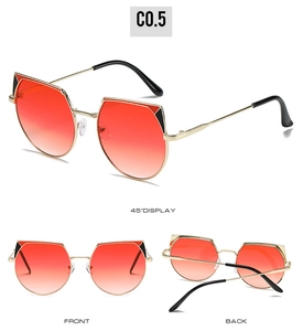 Three-angle view of irregular cat-eye sunglasses with gold frame and red-orange gradient lenses