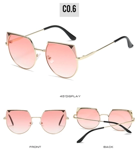 Detailed views of irregular cat-eye sunglasses with gold frames and pink gradient lenses