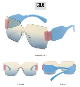 Vues détaillées de lunettes de soleil sans monture avec charnière rose et branches bleues