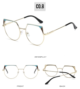 Detailed views of irregular cat-eye metal sunglasses with blue and brown patchwork accents
