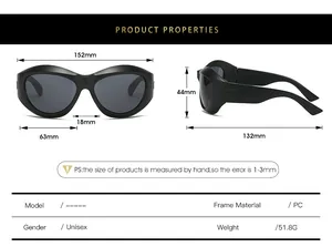 Detailed size chart for steampunk oversized sunglasses showing lens width and temple length