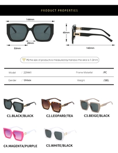 Size guide for large square sunglasses showing frame dimensions and available colors