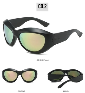 Front and 45-degree angle views of matte black oversized sports sunglasses with colorful lenses