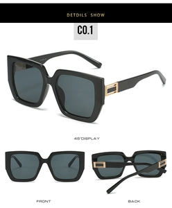 Detailed views of oversized square sunglasses featuring gold metal accents and UV400 lenses