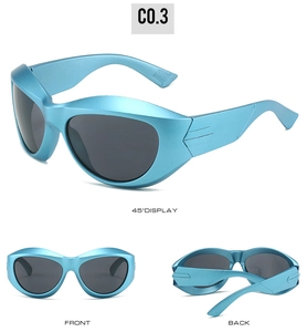 Detailed views of light blue punk sunglasses with dark lenses from front and side angles