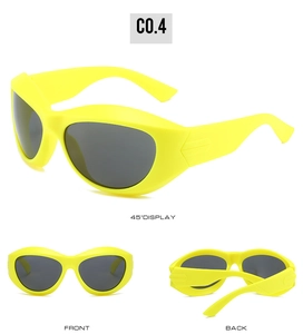 Multi-angle view of futuristic bright yellow chunky sunglasses with dark grey lenses