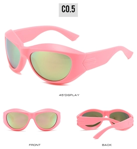 Three-way view of pink steampunk sunglasses with gold reflective lenses and front back labels
