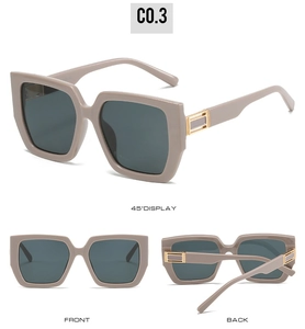 Three perspectives of oversized square sunglasses in warm gray with gold metal hinge detail