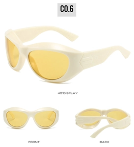 Three-angle view of oversized steampunk sunglasses with cream frames and yellow lenses