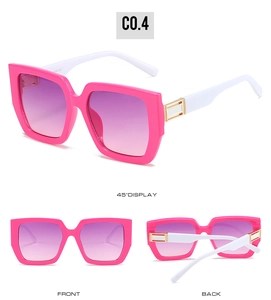 Detailed views of pink oversized square sunglasses with gradient lenses and gold metal accents