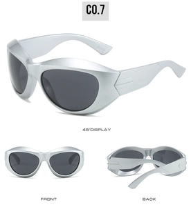 Three perspectives of silver steampunk sports sunglasses featuring oversized grey lenses