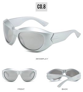 Multi-angle view of silver oversized wraparound sports sunglasses with metallic finish