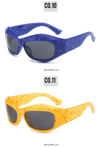 45-degree angle display of steampunk sunglasses with blue and yellow textured frames