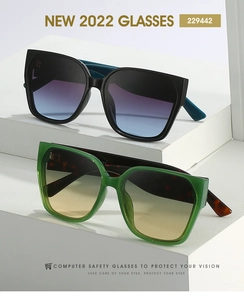Detail of square vintage sunglasses with gradient lenses on white geometric stands
