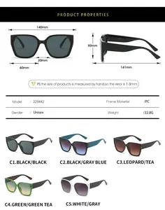Detailed size chart for vintage square frame sunglasses with frame and temple measurements