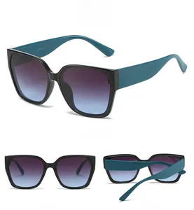 Three-view display of square oversized sunglasses with UV400 CE marking and teal arms