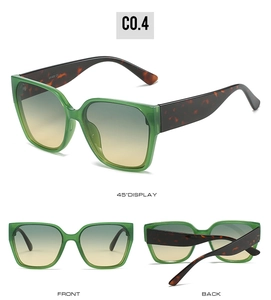 Detail of square sunglasses with green frames, tortoiseshell temples and UV400 protection