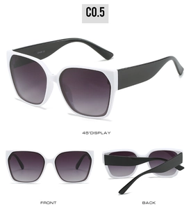 Detailed views of square white frame sunglasses with UV400 CE marking and gradient lenses
