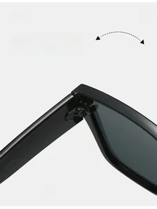 Detail view of durable metal hinges and model number on black square sunglasses
