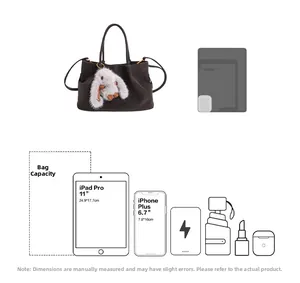 Detailed internal capacity view of brown tote bag with plush rabbit charm for 11 inch iPad
