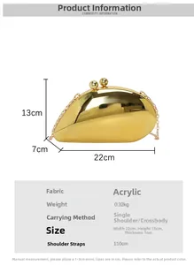 Detail view of bean-shaped acrylic evening clutch with gold mirror finish and chain