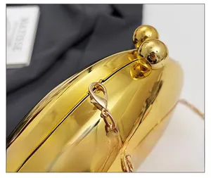 Macro shot of high-quality gold mirror finish hardware and double ball clasp on evening bag