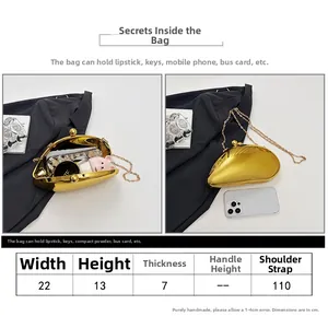Detailed size chart and capacity guide for the gold shell evening clutch bag with chain