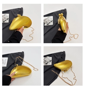 Detailed views of a gold mirror evening clutch featuring a kidney shape and metal chain