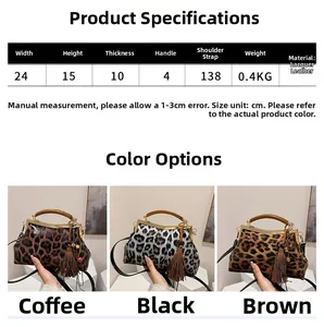 Tableau des tailles détaillé pour sac à main rétro léopard en cuir verni avec pompon