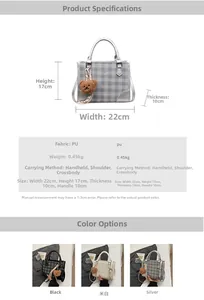 Detail view of plaid handbag dimensions 22x17x10cm with cute bear charm and PU material info
