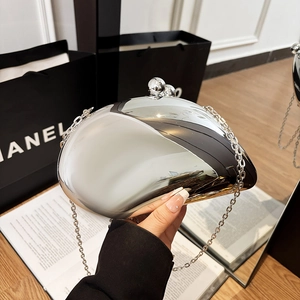 Silver mirror acrylic bean-shaped evening bag with metallic finish and chain strap