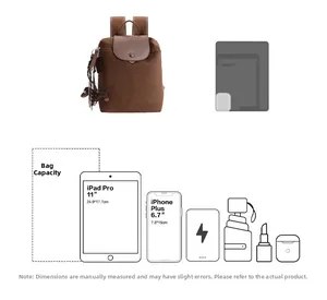 Detail view of brown canvas backpack showing capacity for 11 inch tablet and phone