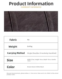 Detail view of retro suede shoulder bag showing 27cm width and 0.47kg weight specs