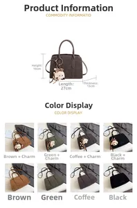 Detail view of suede crossbody bag with dimensions 27x19x15cm and color options