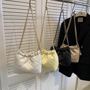 Women Quilted PU Leather Bucket Bag Drawstring Shoulder Handbag With Gold Chain Strap And Adjustable Metal Ball Chic