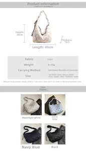 Detailed size chart and multi-color specifications for the quilted puffer tote bag