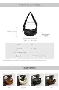 Detailed size guide and specifications chart for the crescent-shaped PU leather bag