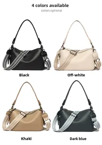 Four colors of women's leather crossbody bags with striped and leather shoulder straps