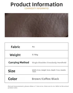 Tableau des specs pour sac en cuir PU marron avec gros plan sur la texture litchi