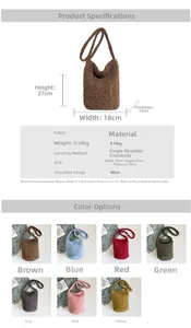 Detailed size chart and multi-color options for plush fleece bucket shoulder bag