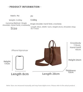 Size chart showing large PU leather bucket bag dimensions 28x12x26cm with carrying options