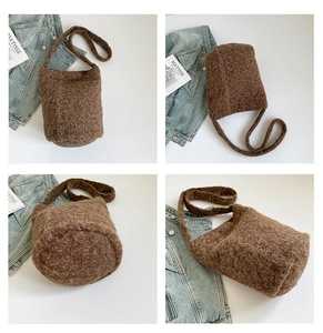 Detail shots of brown plush bucket bag showing curly faux fur texture and round base