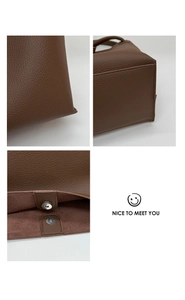 Detailed views of brown lychee leather bag showing stitching and magnetic closure