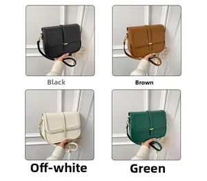 Detail view of small square shoulder bags in black, brown, beige, and green colors