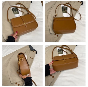 Detailed four-way view of caramel brown leather crossbody bag with gold hardware buckle